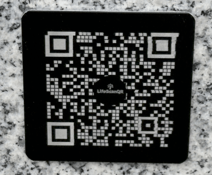 LifeScanQR 10W laser engraved aluminum QR code for tombstones.