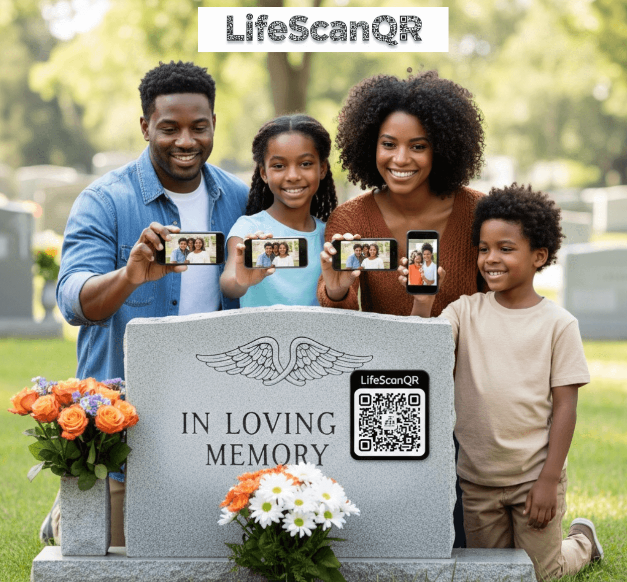 Family viewing a digital memorial page after scanning a QR code plaque at a gravesite