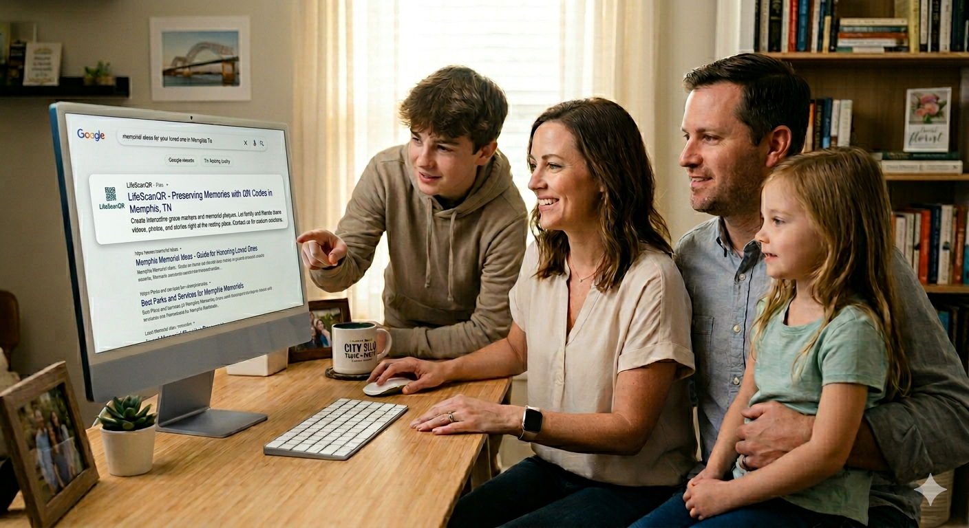 picture of a family doing a google search on how to honor a loved one in Memphis Tennessee