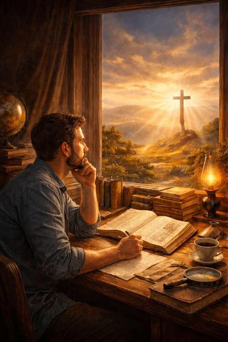 A man sitting at a wooden desk, reading or studying with open books, looking out a window at a view of a cross on a hill with sunlight shining behind it during sunrise or sunset.