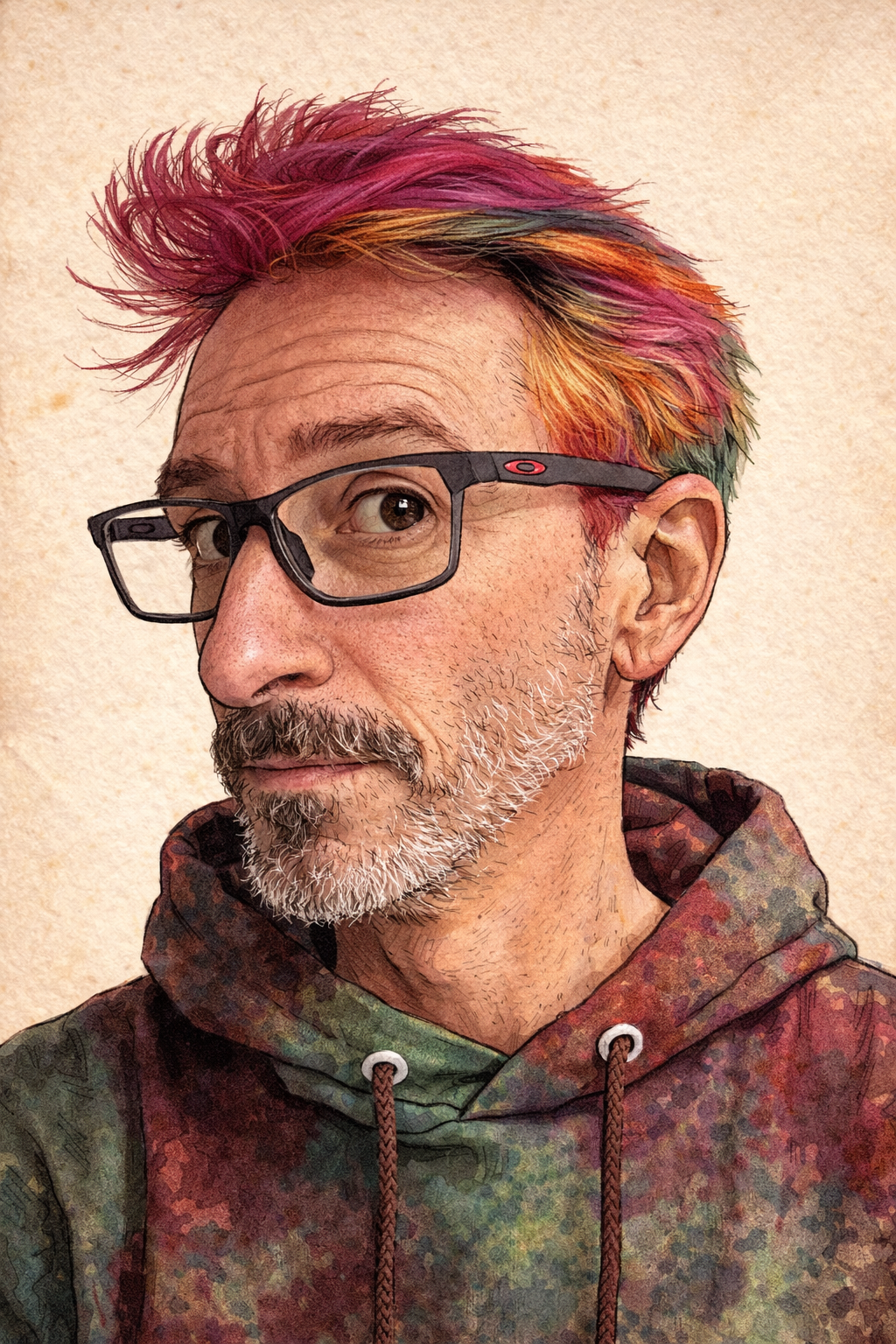 A man with multicolored, spiked hair, wearing glasses and a camouflage hoodie, looking slightly to the side.
