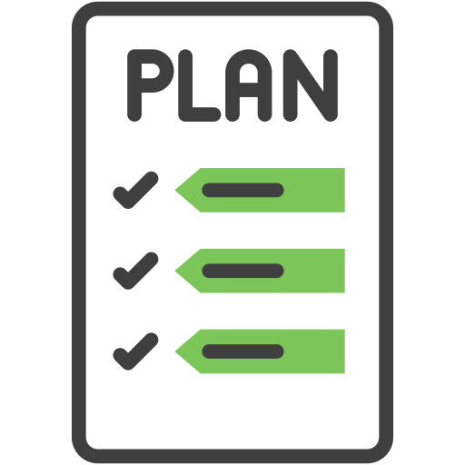 Checklist titled 'PLAN' with three green checkmarks and corresponding blank lines indicating completed tasks