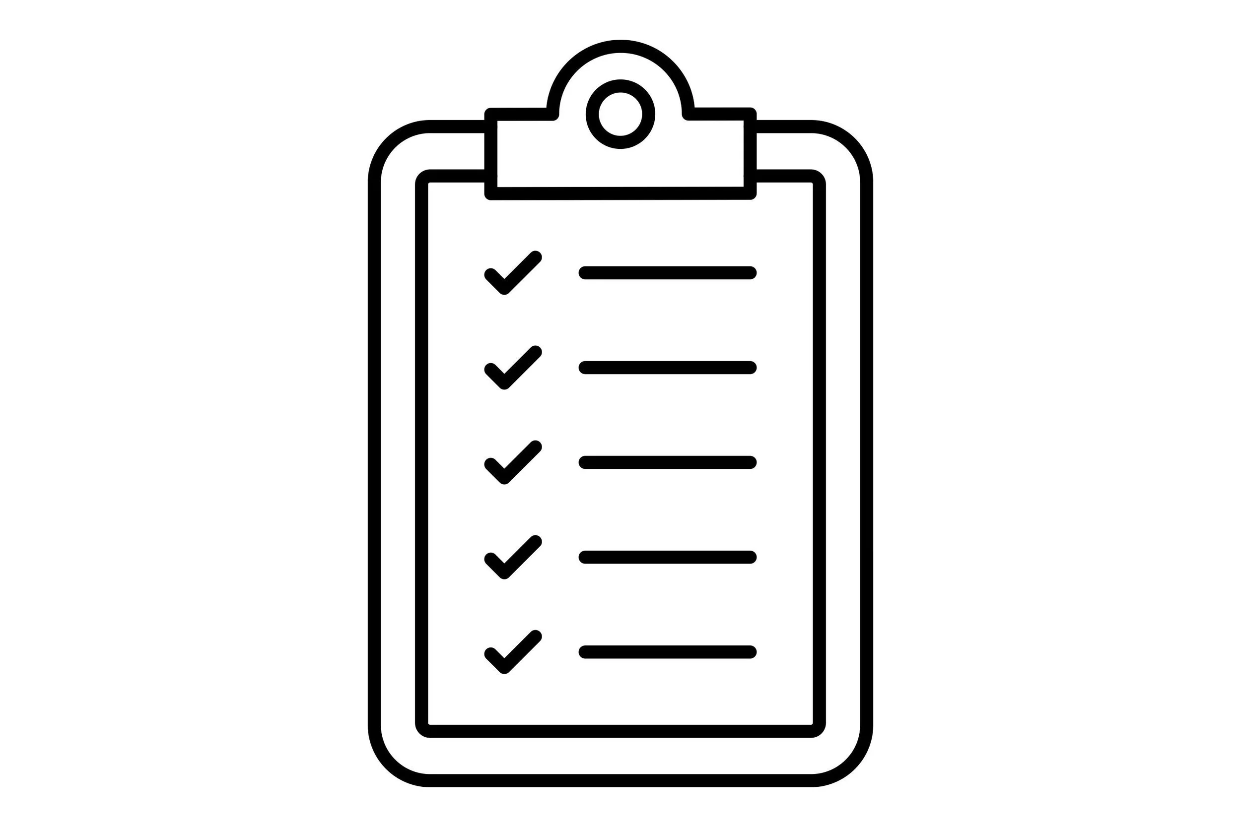 Outline of a checklist on a clipboard with six checked items.
