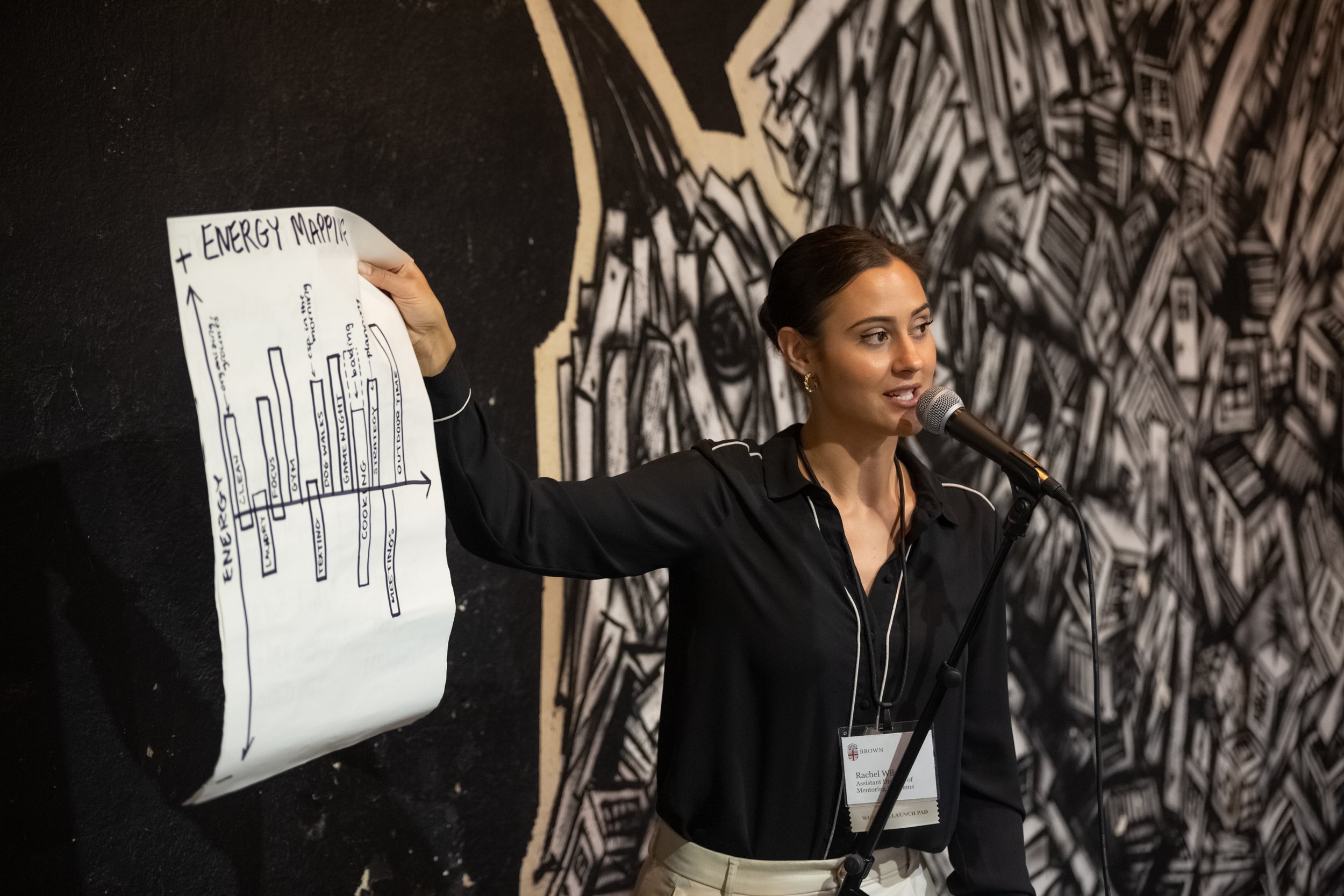 A woman with dark hair pulled back, wearing a black jacket with white piping, speaking into a microphone. She has a name badge that reads 'Rachel'. She is holding a large sheet of paper with a graph titled '+ Energy Map'. The background features a black and white mural of city buildings.