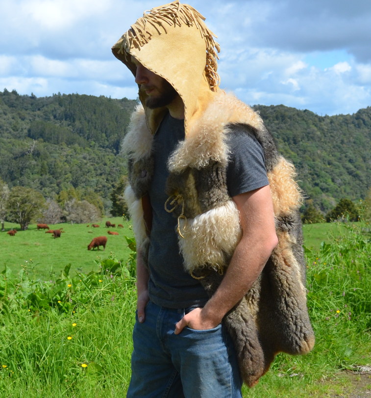A vest made out of bark tanned brushtail possum skins & bark tanned angora goat hides.