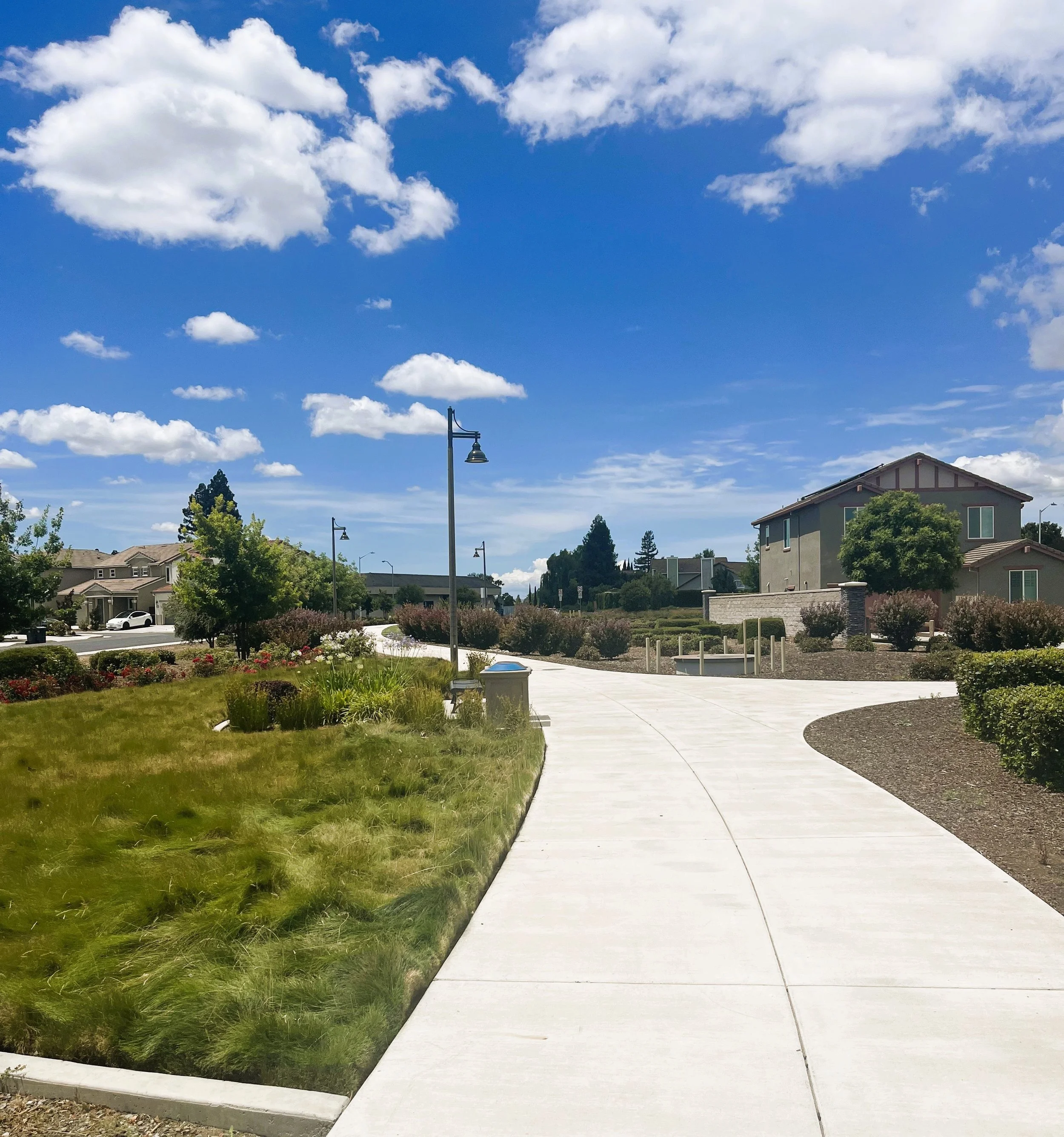 A neighborhood street scene with a sidewalk, green grass, trees, house front with a beige exterior, and street lamps under a partly cloudy blue sky.