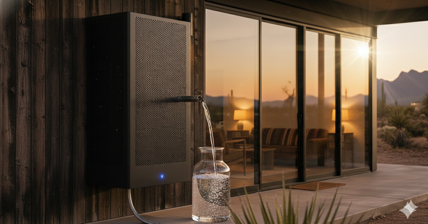 A water dispenser attached to the exterior wall of a house, with water flowing into a glass pitcher, during sunset with mountains in the background.