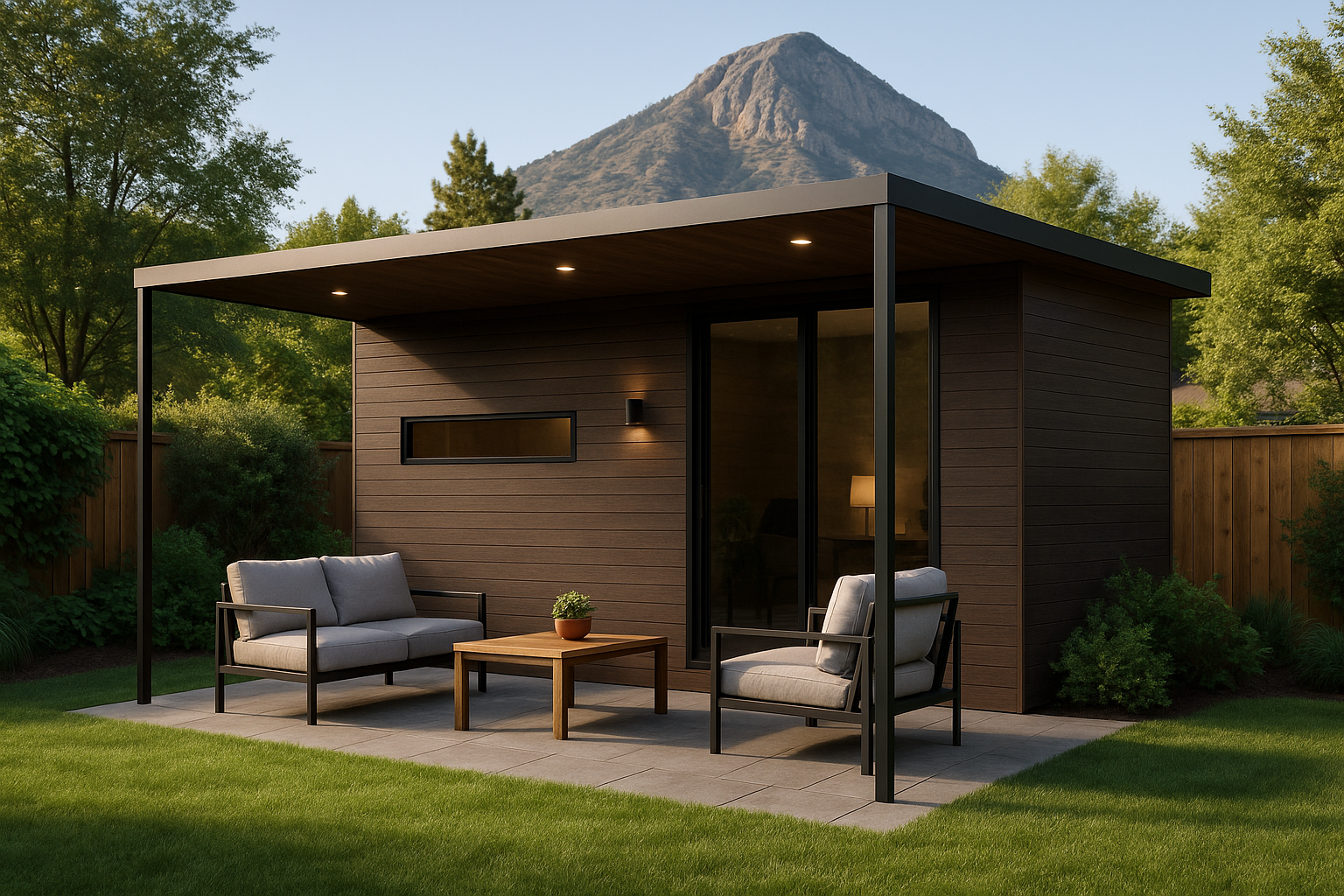Modern backyard patio with outdoor furniture, including a sofa and two chairs, under a flat roof, with a small table and potted plant, surrounded by green lawn and trees, with a mountain in the background.