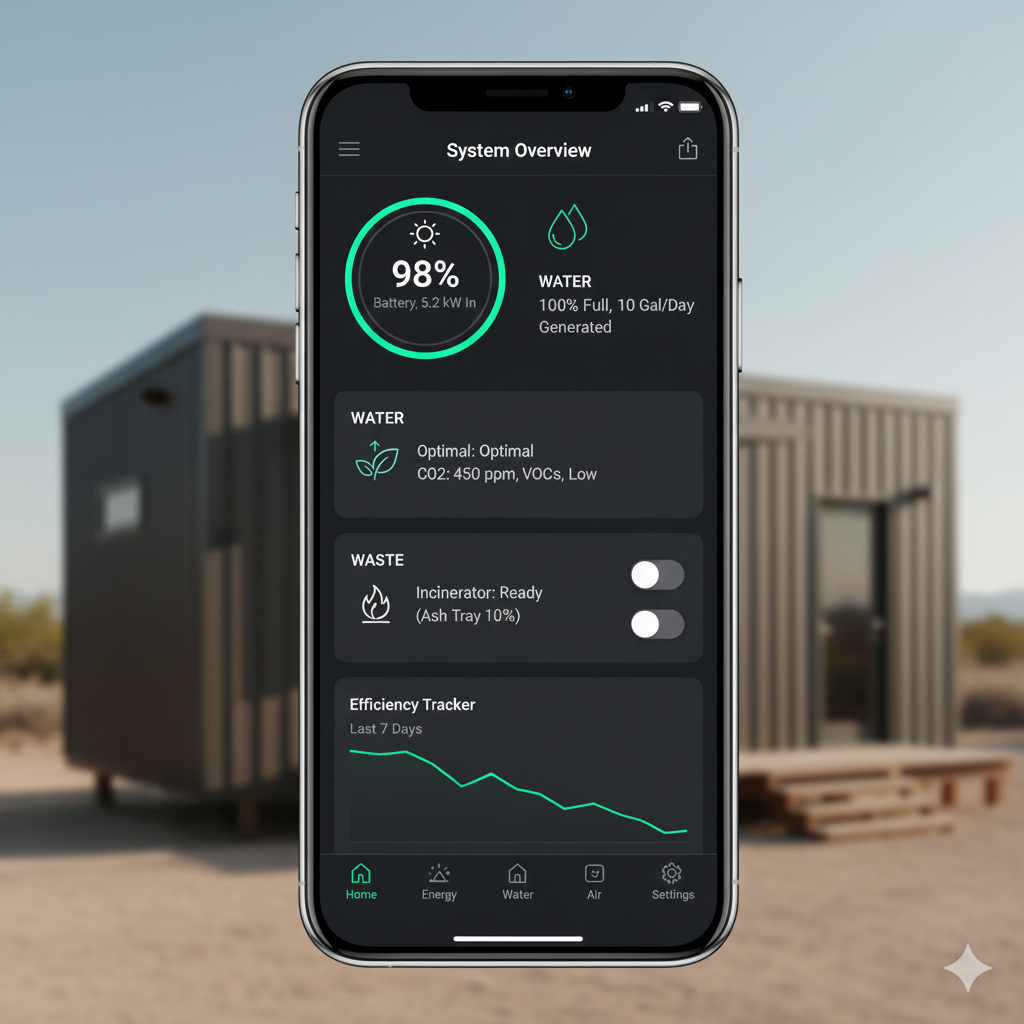 Smartphone displaying a system overview app with water and energy metrics in front of a tiny house in a desert landscape.