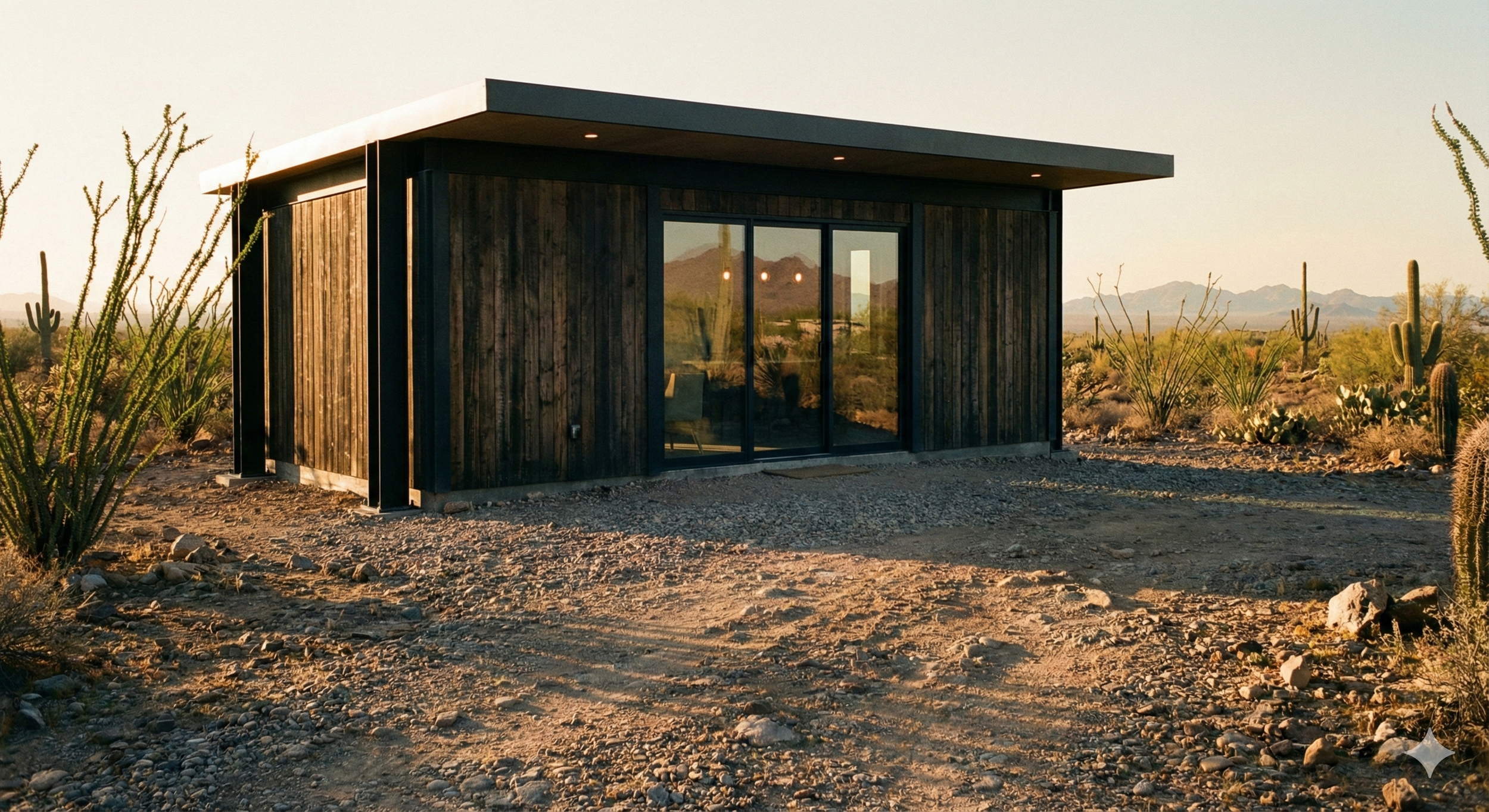 A modern small house made of dark wood and glass, situated in a desert landscape with cacti and mountains in the background at sunset.