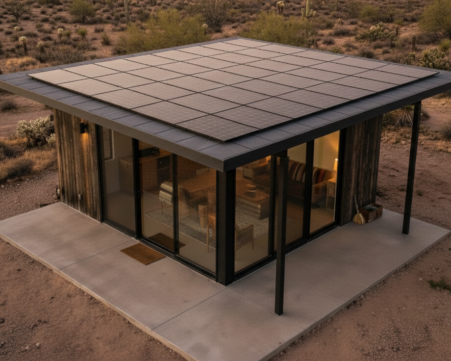 A small, modern house with solar panels on the roof, surrounded by desert landscape with sparse vegetation and cacti.