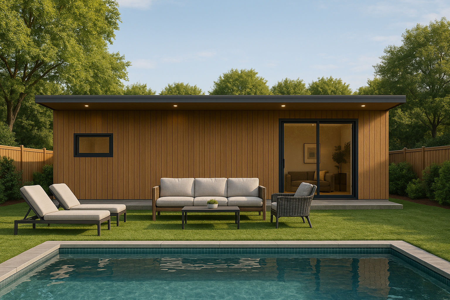 Backyard with modern small wooden house, outdoor furniture including a sofa, chairs, and a coffee table, a swimming pool in the foreground, and green trees in the background.