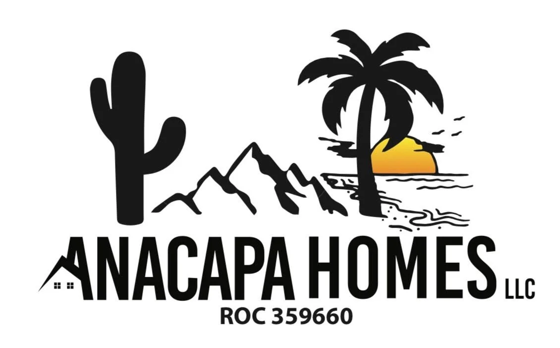 Logo for Anacapa Homes LLC featuring a desert cactus, mountain range, palm tree, and sunset over the ocean.