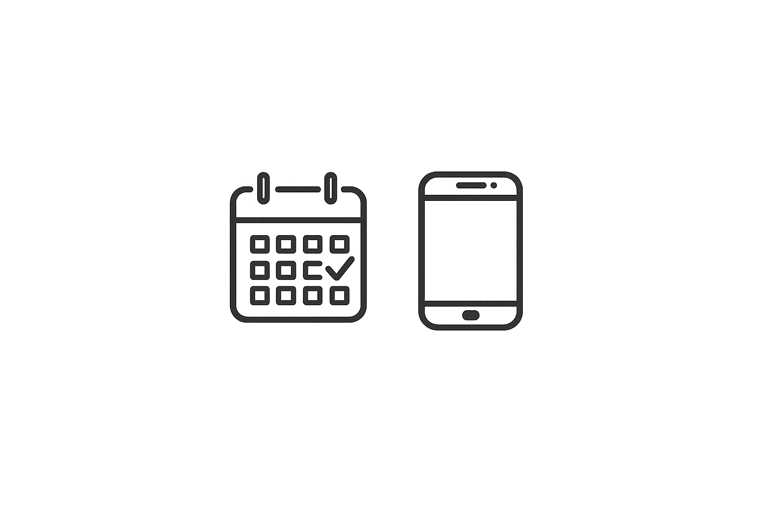 Outline of a calendar with a checkmark and a smartphone next to it.