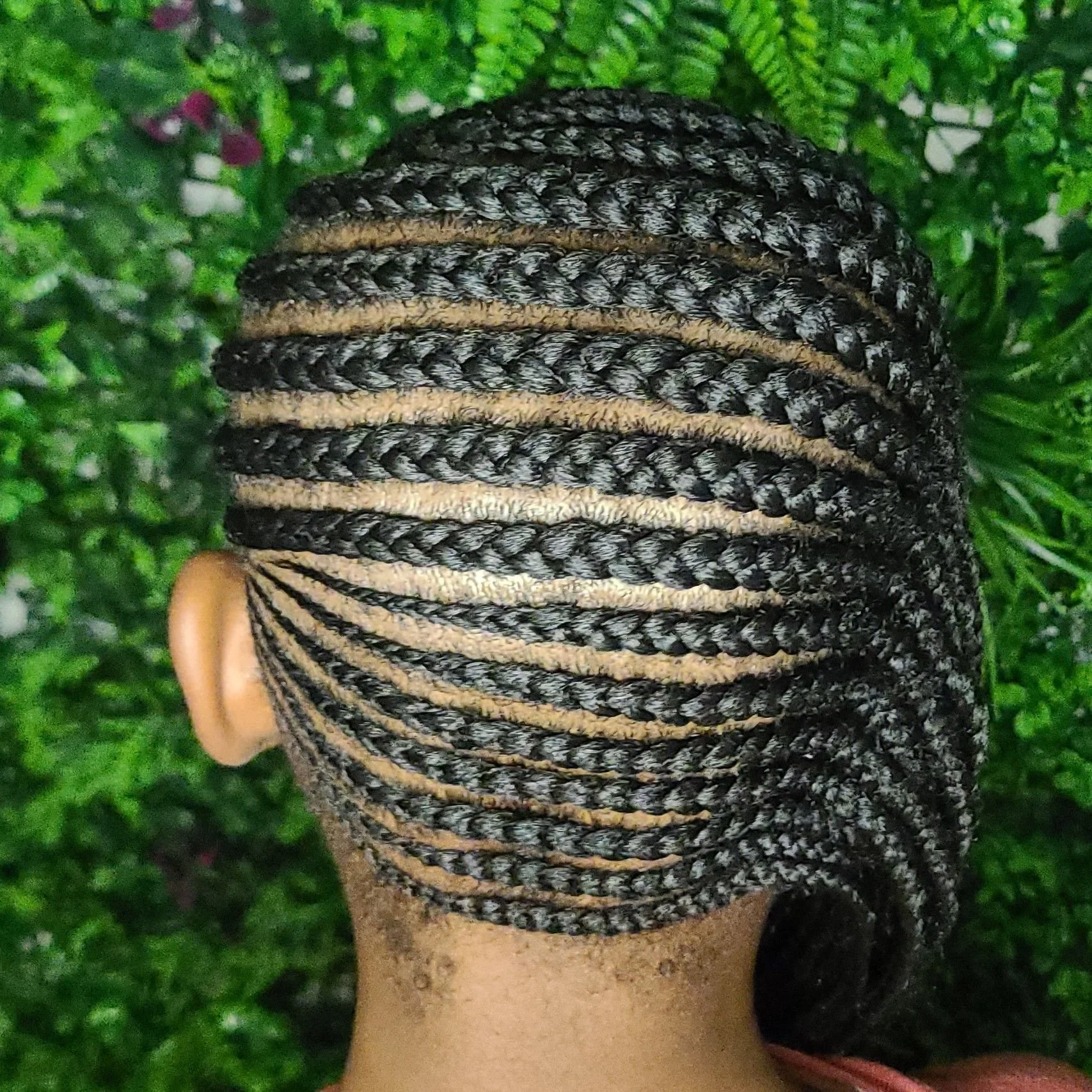 Close-up of a person's head with short, patterned black and blonde braids, set against a lush green leafy background.