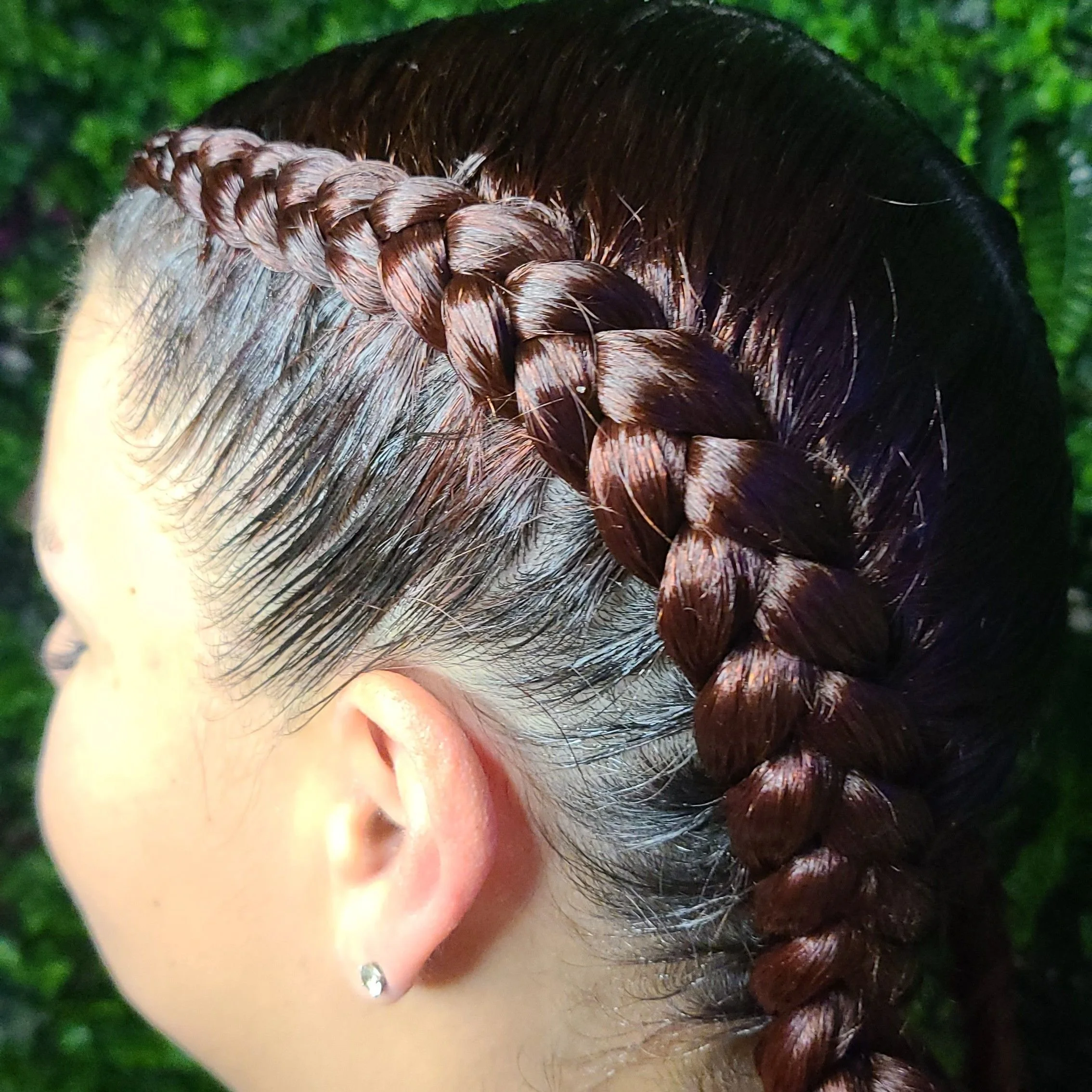 Close-up of a person's head with intricately styled hair, featuring a large braided section and visible gray hair near the scalp, set against a green leafy background.