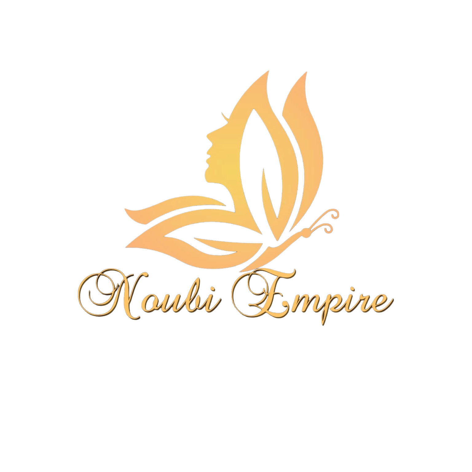 A logo with a stylized butterfly featuring a woman's profile within its design, with the words "Noubii Empure" written below in elegant gold cursive font.