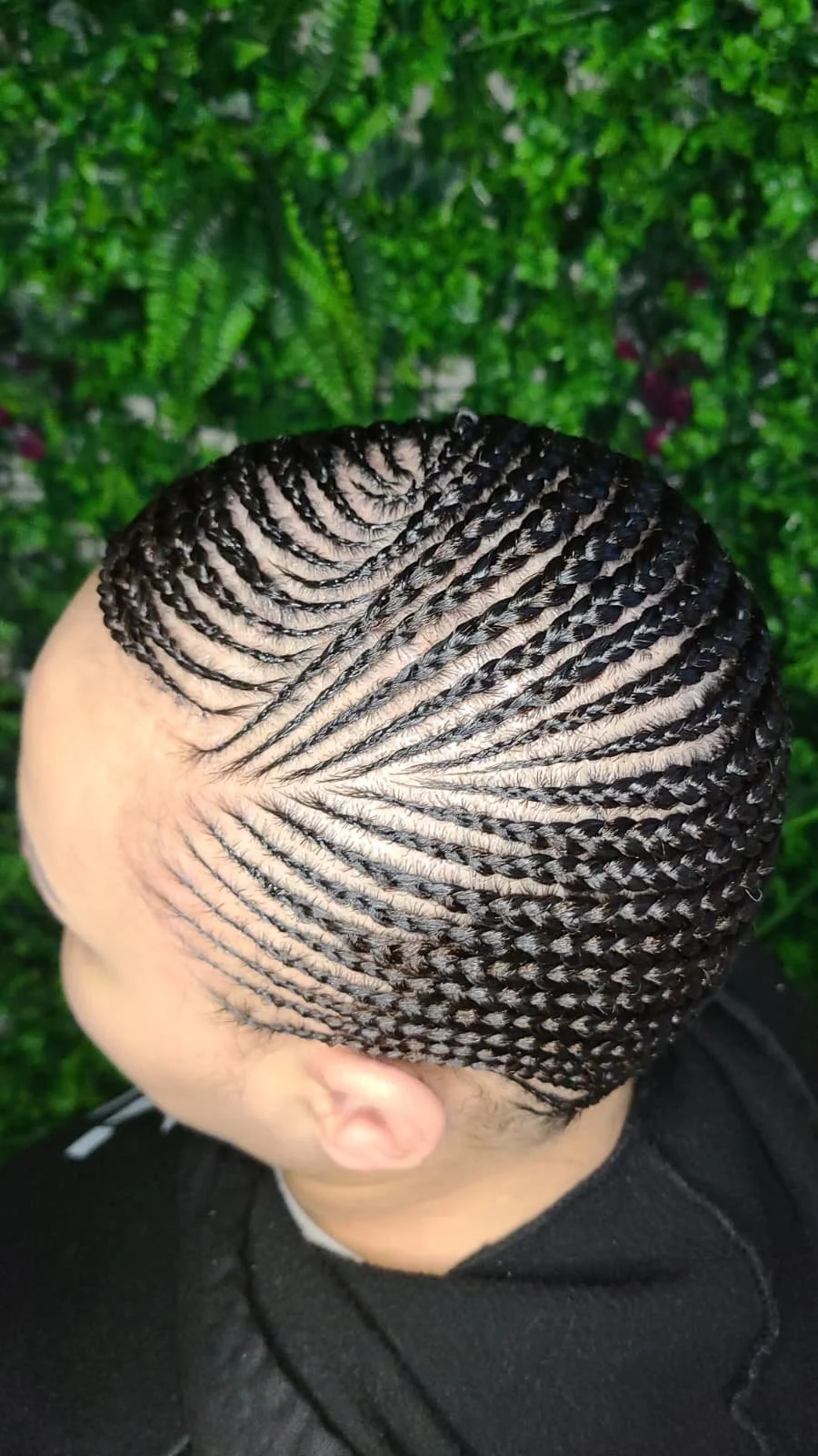 Close-up of a person's head showcasing intricate black braided hairstyle with patterns, against a background of green foliage.