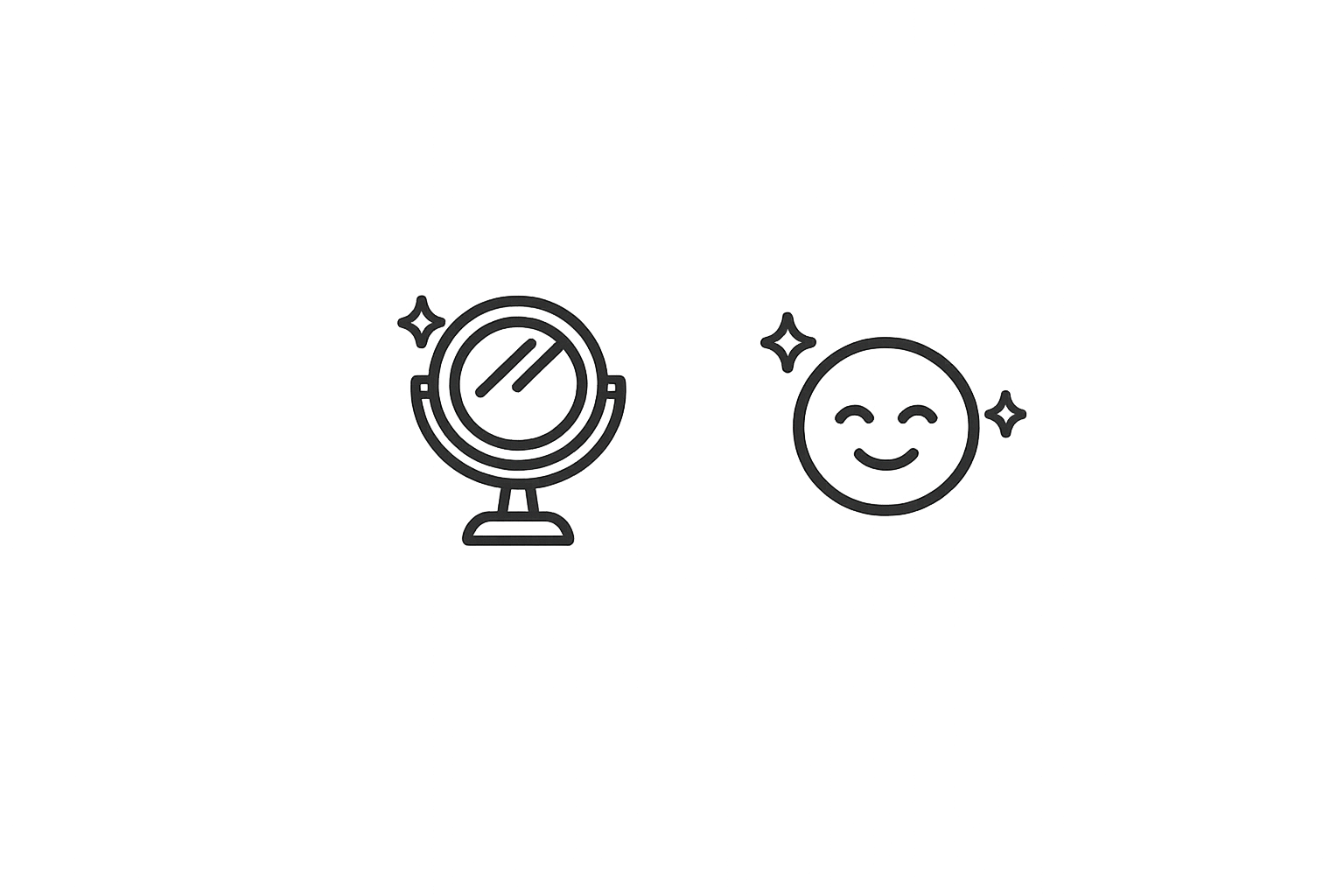 A simple black line drawing of a microphone, a smiling face with closed eyes, and sparkles around the face, all on a black background.