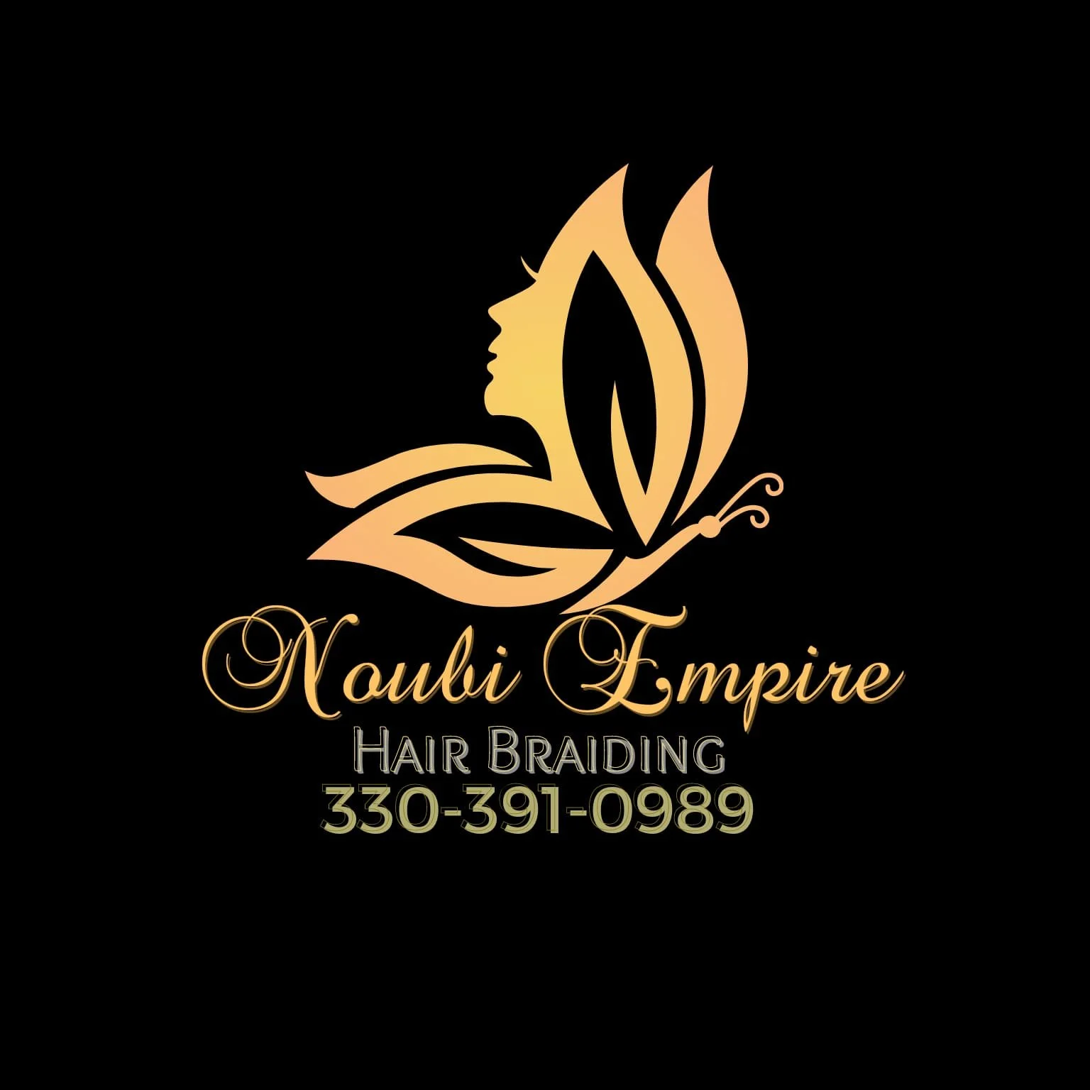 Logo for Noubi Empire Hair Braiding featuring a stylized butterfly with a woman's face silhouette and contact number 330-391-0989