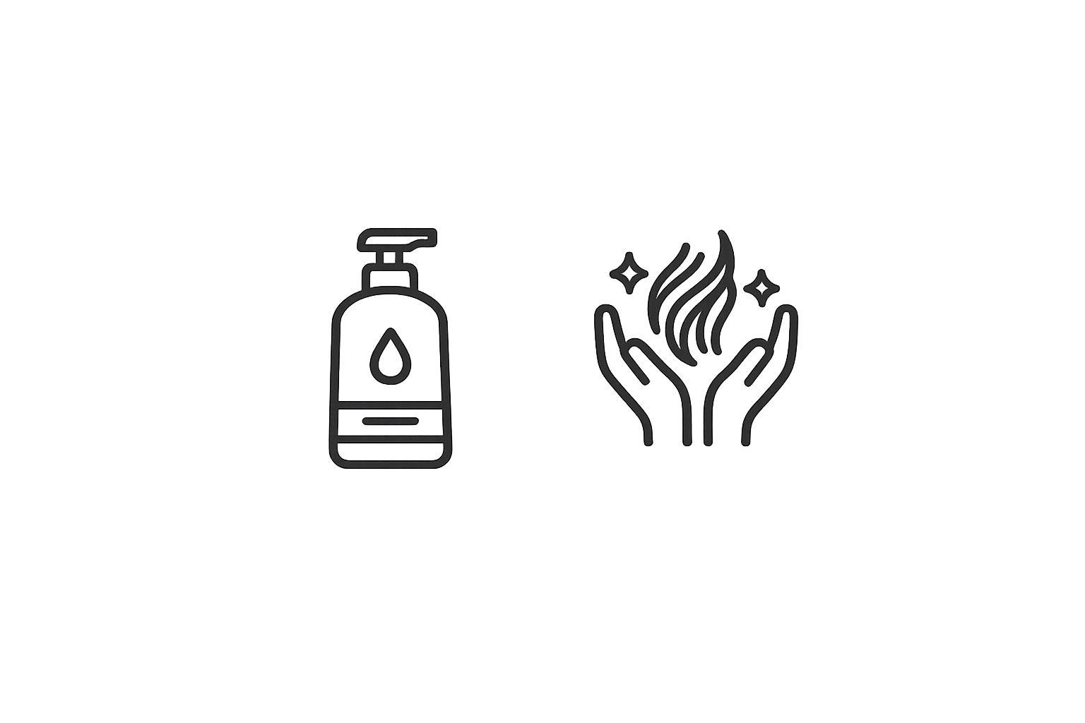 Icons of liquid soap dispenser and hands with sparkles around a flame.