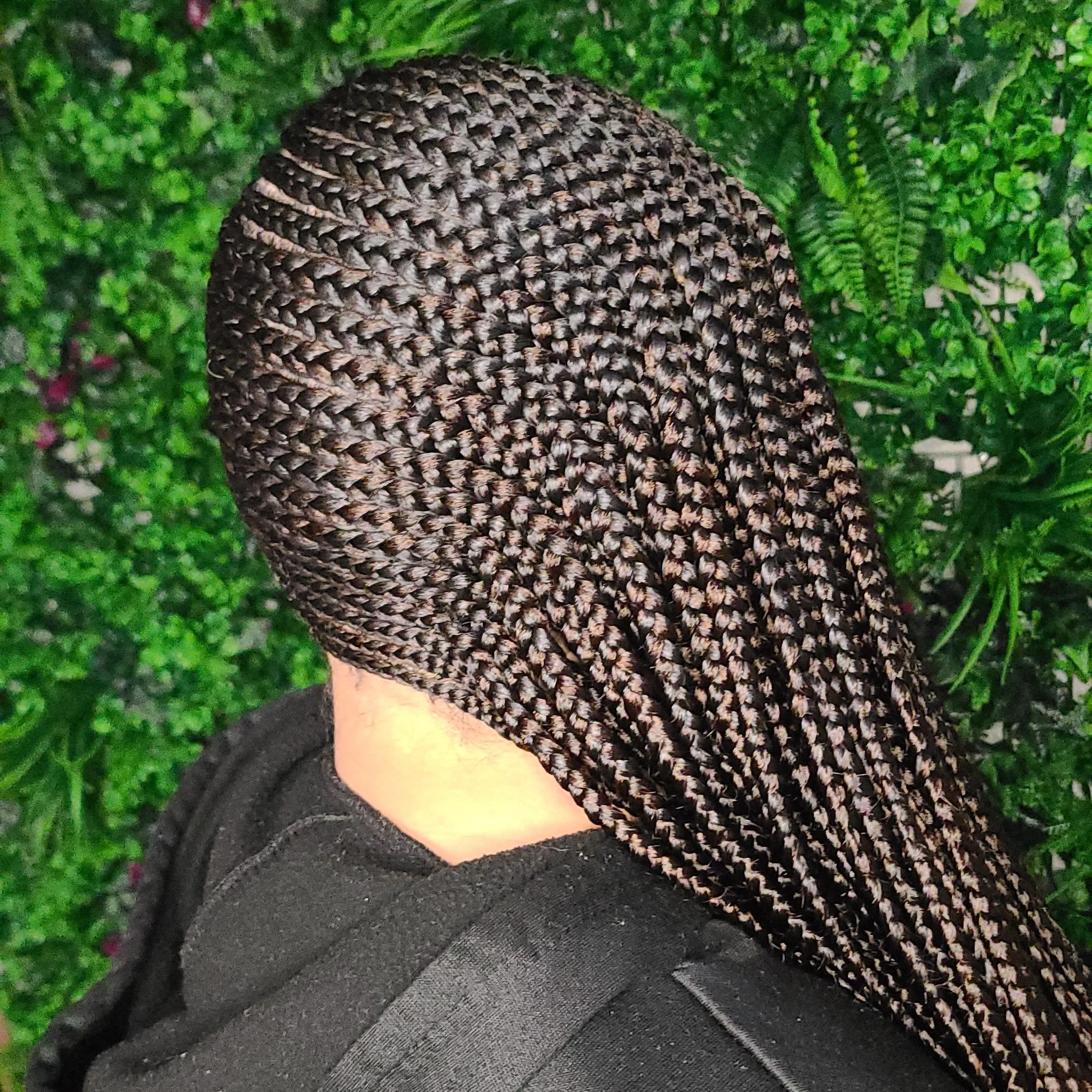 Close-up of a person with long, braided hair in brown and black tones, wearing a black hoodie, standing in front of green leafy plants.