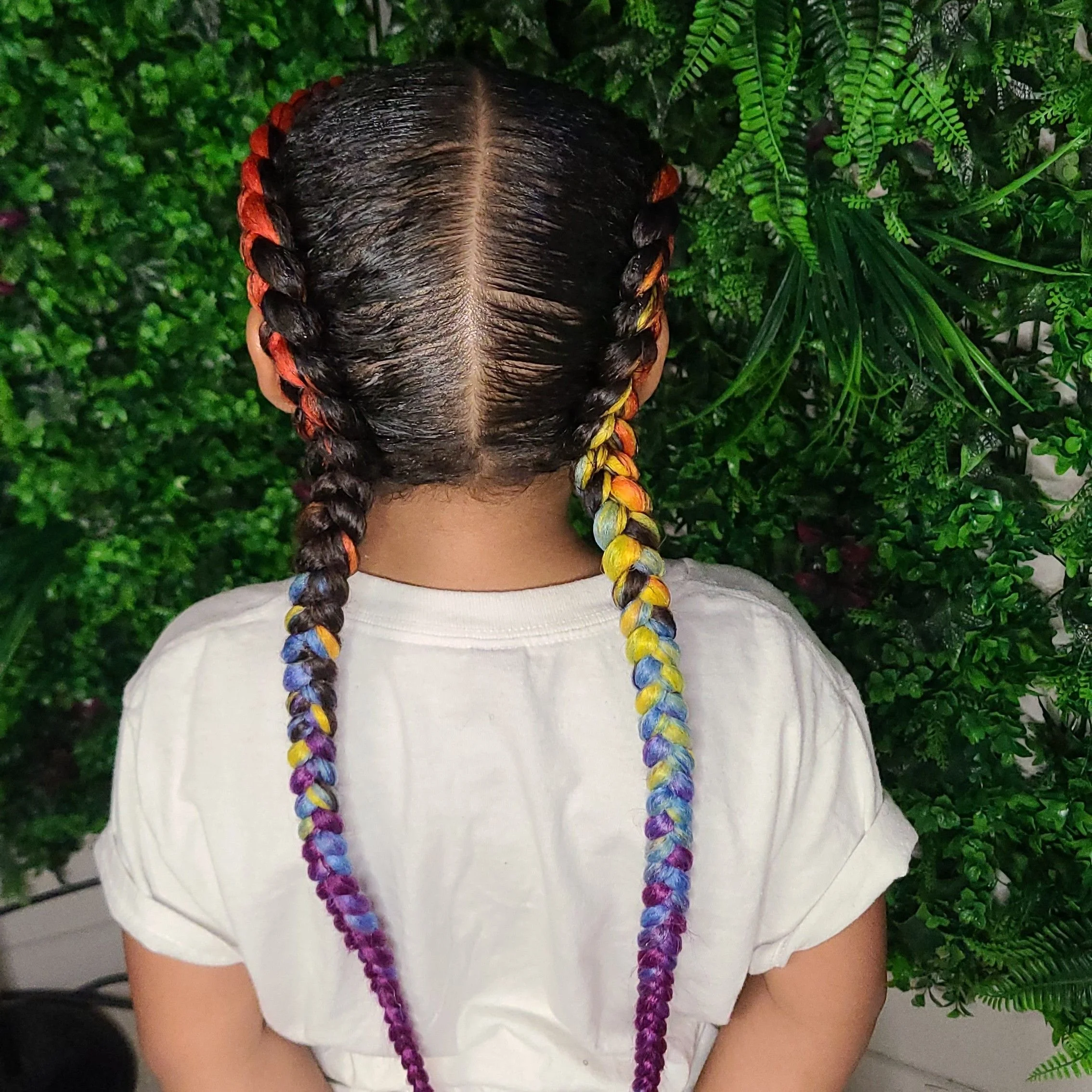 Back view of a person with braided hair, dyed in rainbow colors, standing in front of green foliage.