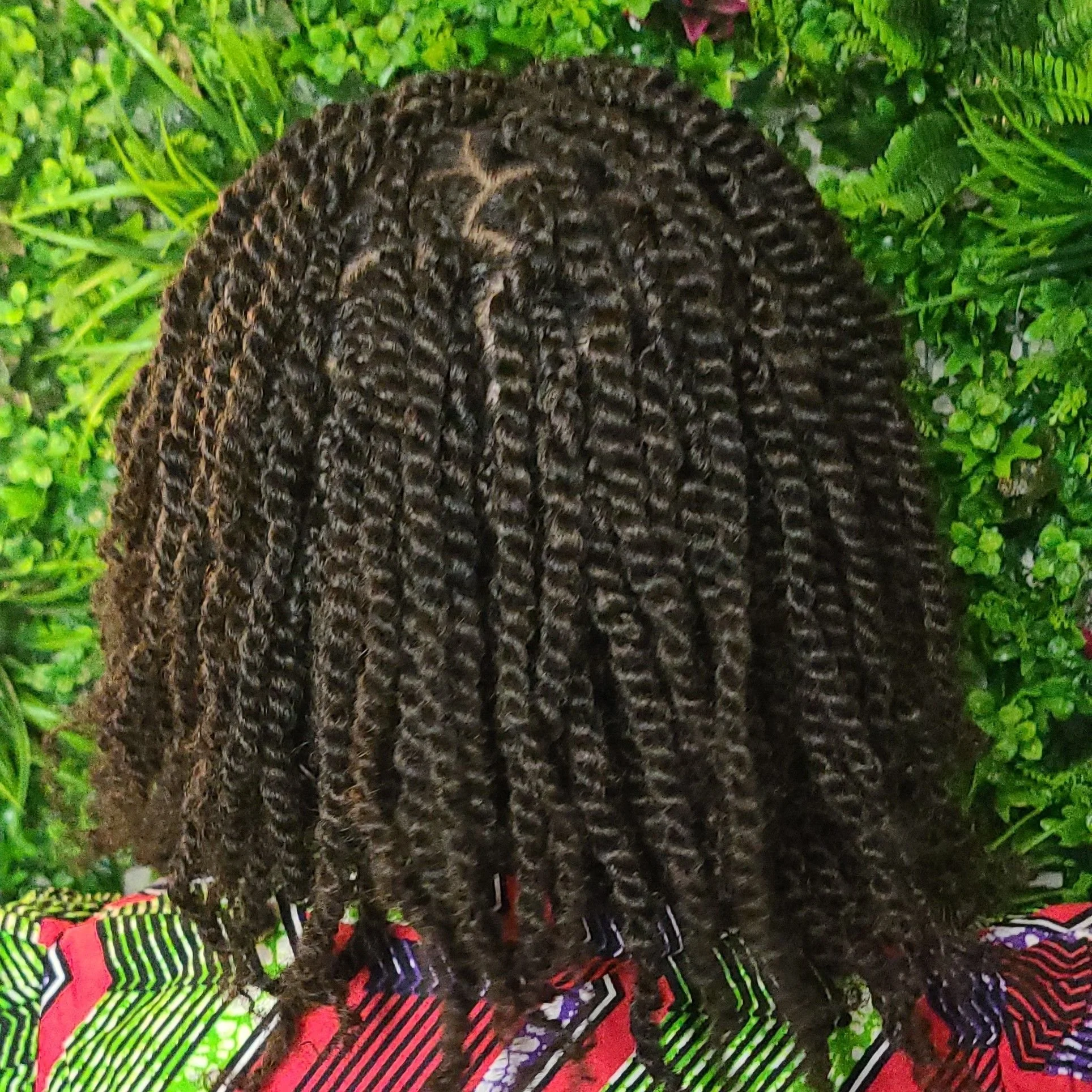 Back view of a person with medium-length, dark, twisted, textured hair standing in front of green foliage.