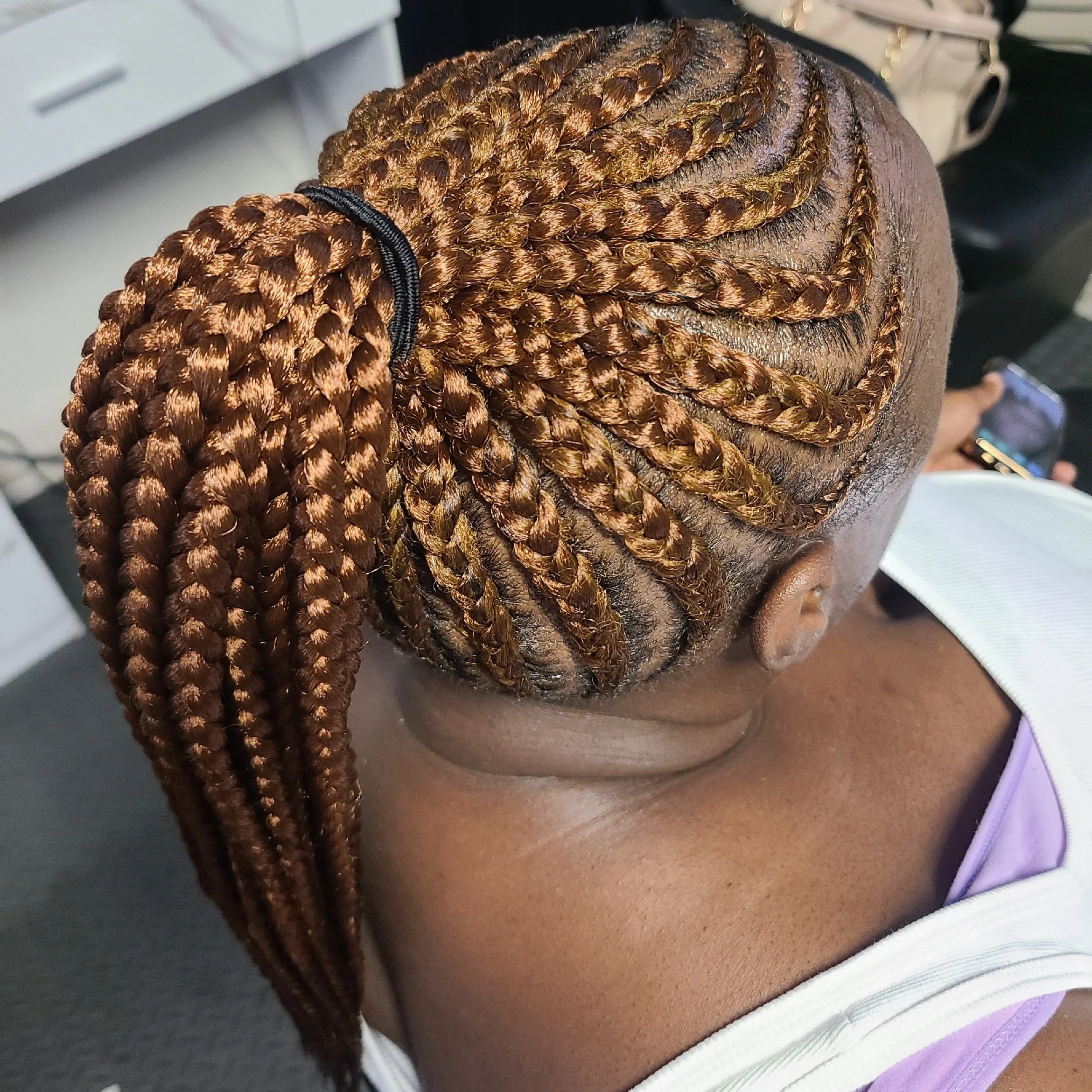 Back view of a woman with intricately braided hair styled in a high ponytail with golden-brown braids.