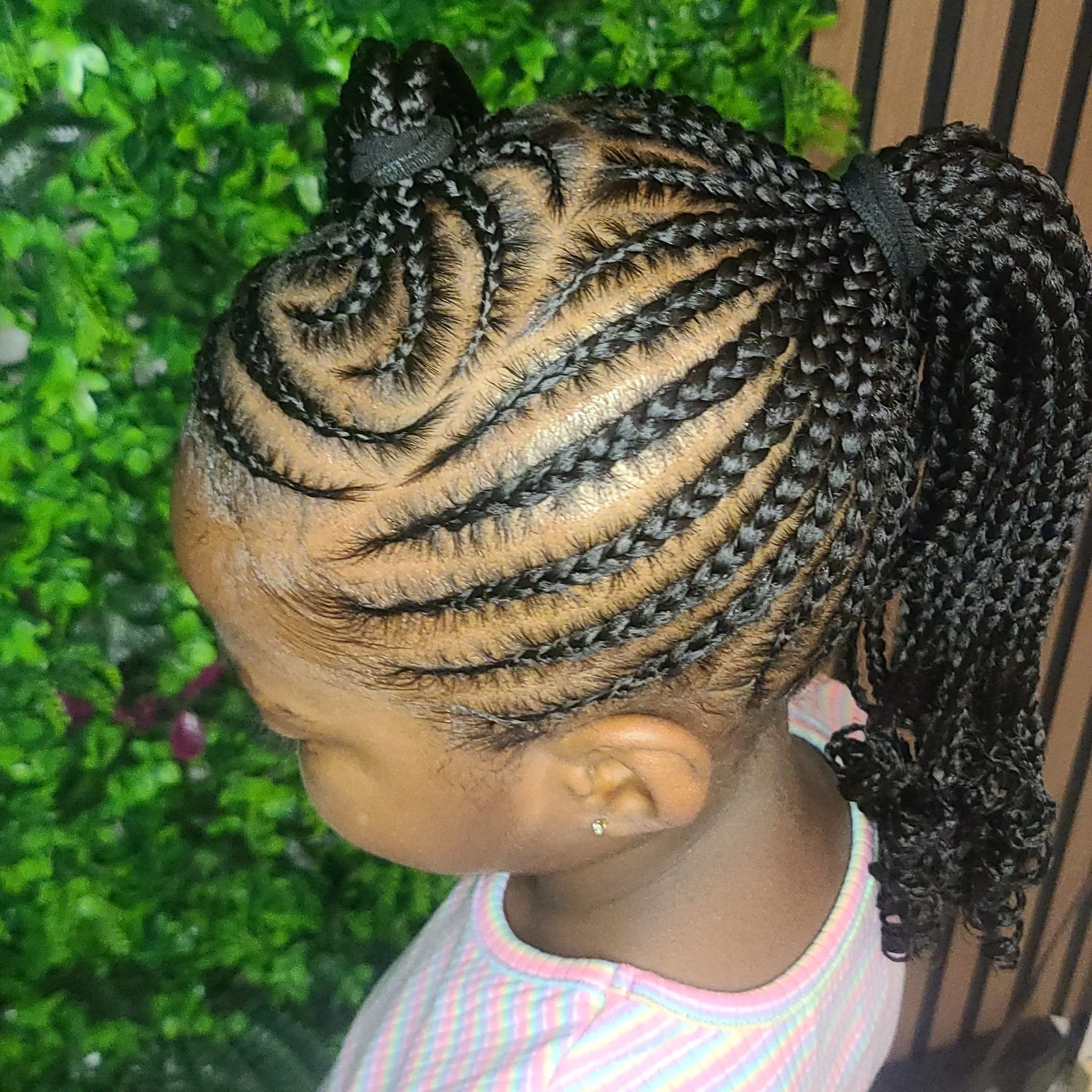 A young girl with neatly styled braids gathered into a ponytail, facing sideways, with a background of green foliage.