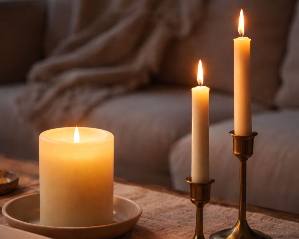 lit candles on a table with a warm moody background