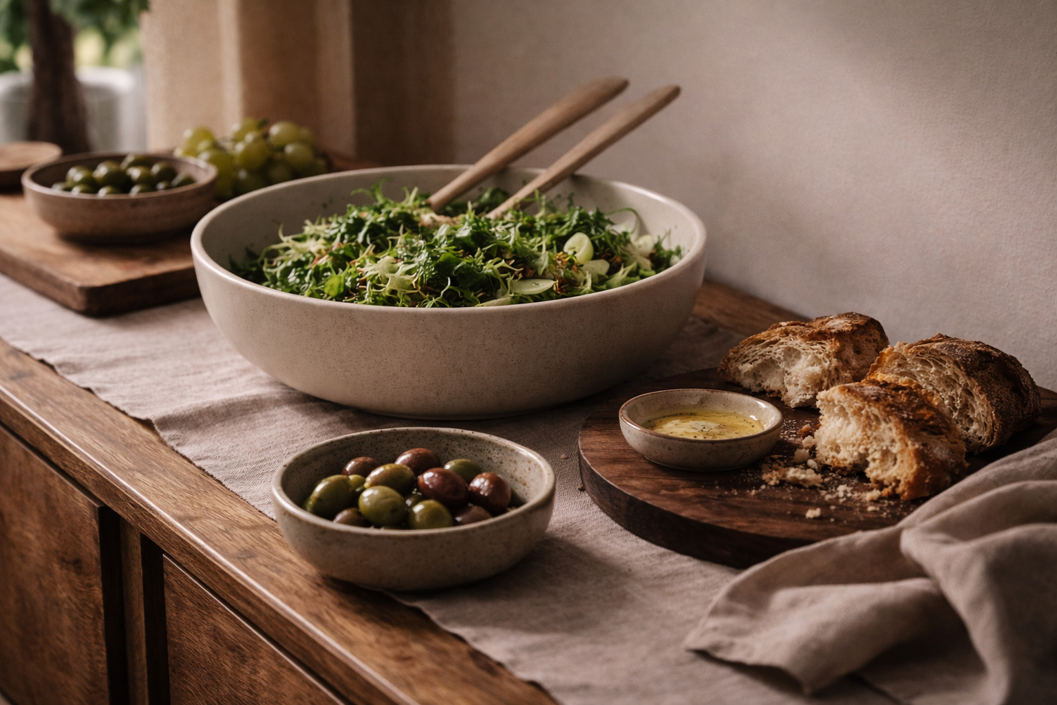 large salad bowl with bread, dip and olives sitting on a linen runner on a sideboard in preparation for a hosted dinner