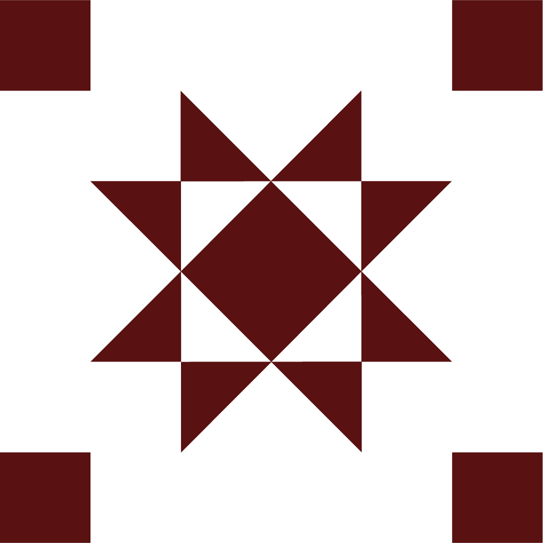 A geometric pattern composed of black and dark red triangles with four red squares at the corners and a small central triangle.