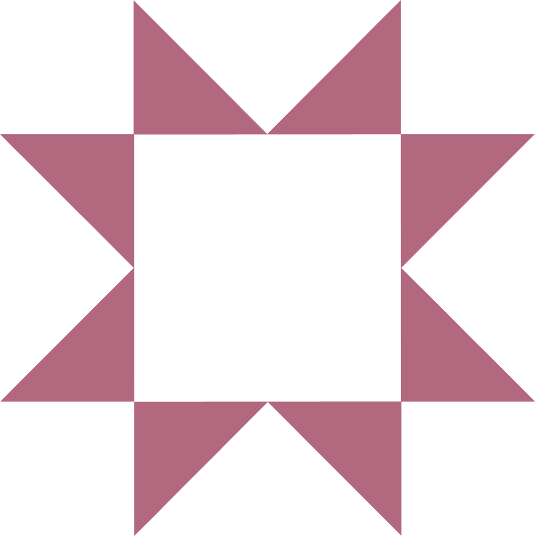 Geometric quilt block with a black center and purple triangles forming a star pattern.
