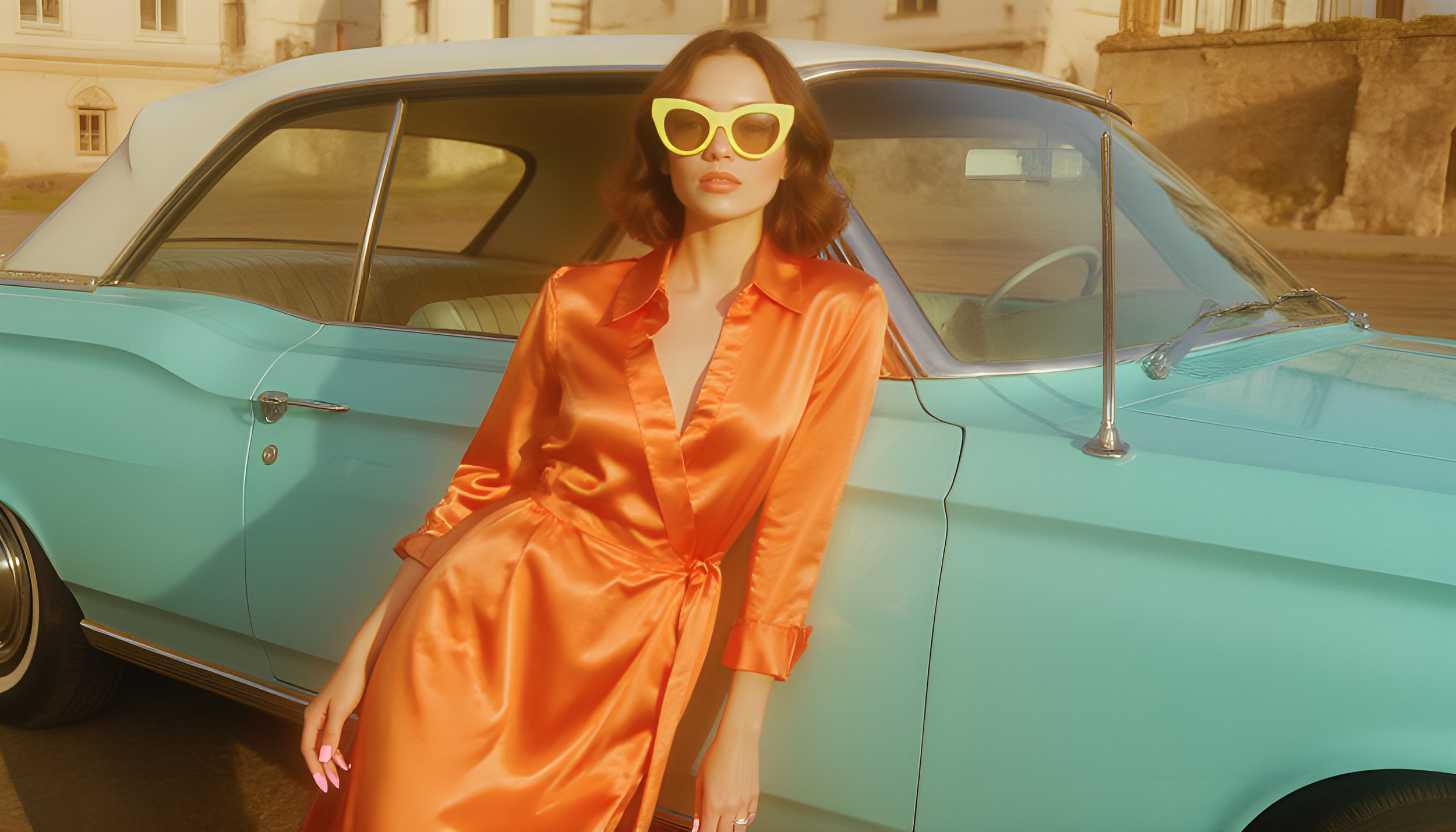 A woman with wavy brown hair, wearing yellow sunglasses and an orange satin dress, leans against a vintage light blue and white car with a scenic background of old buildings at sunset.