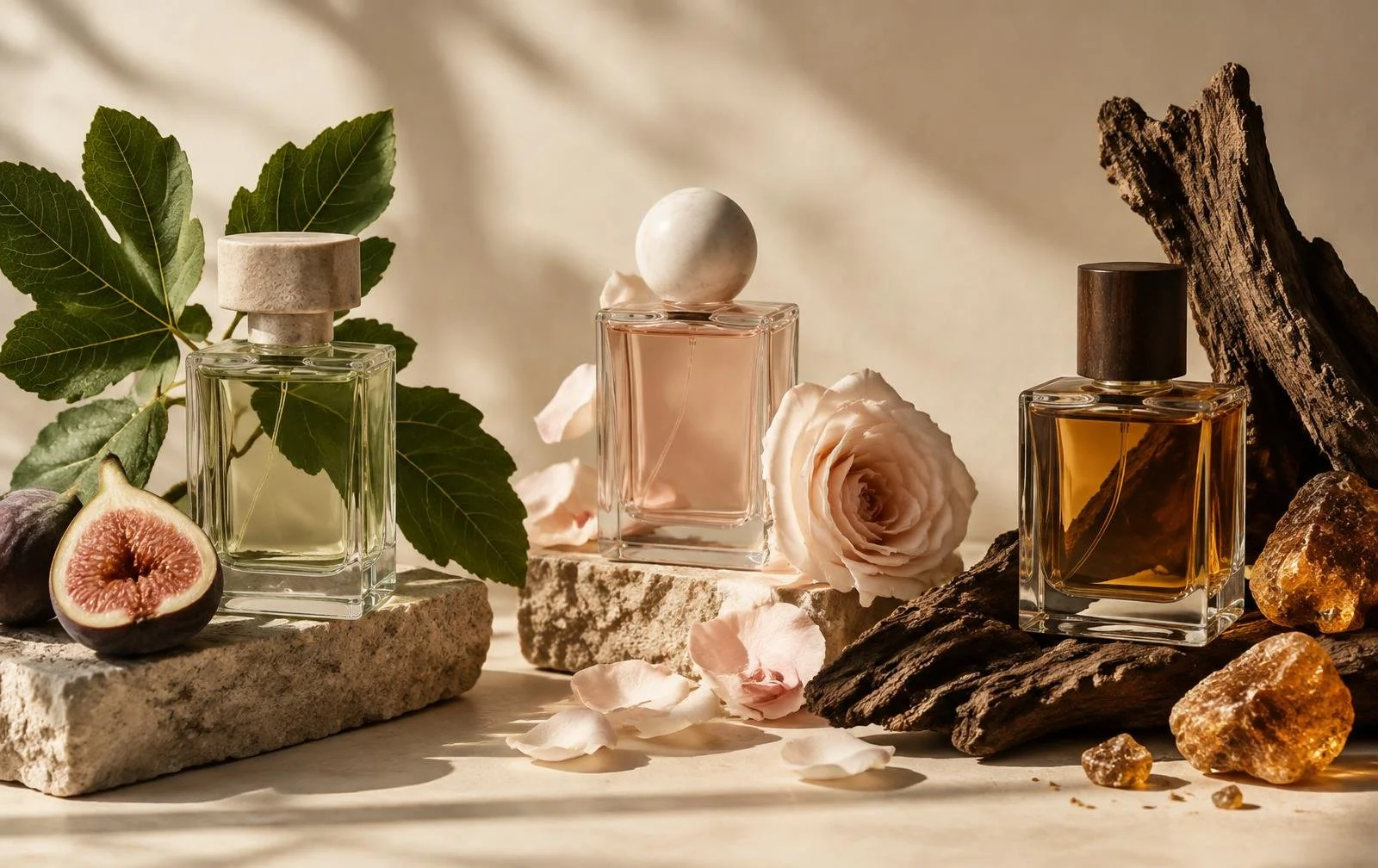 Three perfume bottles surrounded by greenery, a rose, figs, rocks, and flower petals on a neutral background.