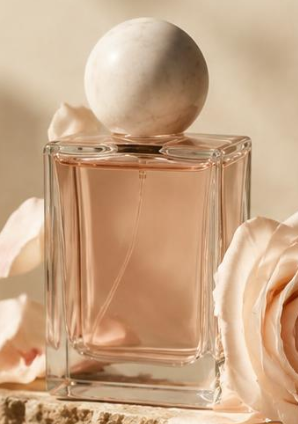 A square glass perfume bottle with a translucent pink liquid, topped with a spherical marble, surrounded by light-colored roses.