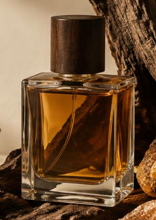 A square glass perfume bottle with amber-colored liquid and a dark wooden cap, placed on a textured wooden surface with a piece of driftwood or bark in the background.