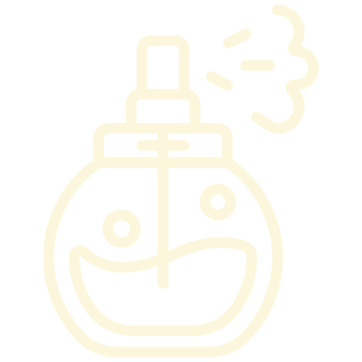 Line drawing of a smiling perfume bottle with a spray nozzle, emitting three small lines indicating spray.