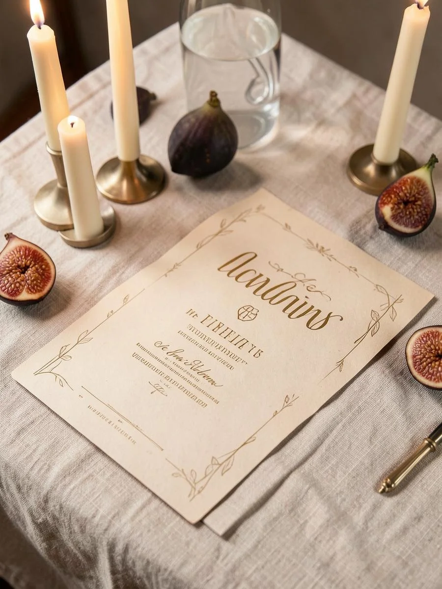 A wedding or event invitation on a table with candles, figs, a glass of water, and a pen. The invitation has elegant gold and brown writing with a decorative border.