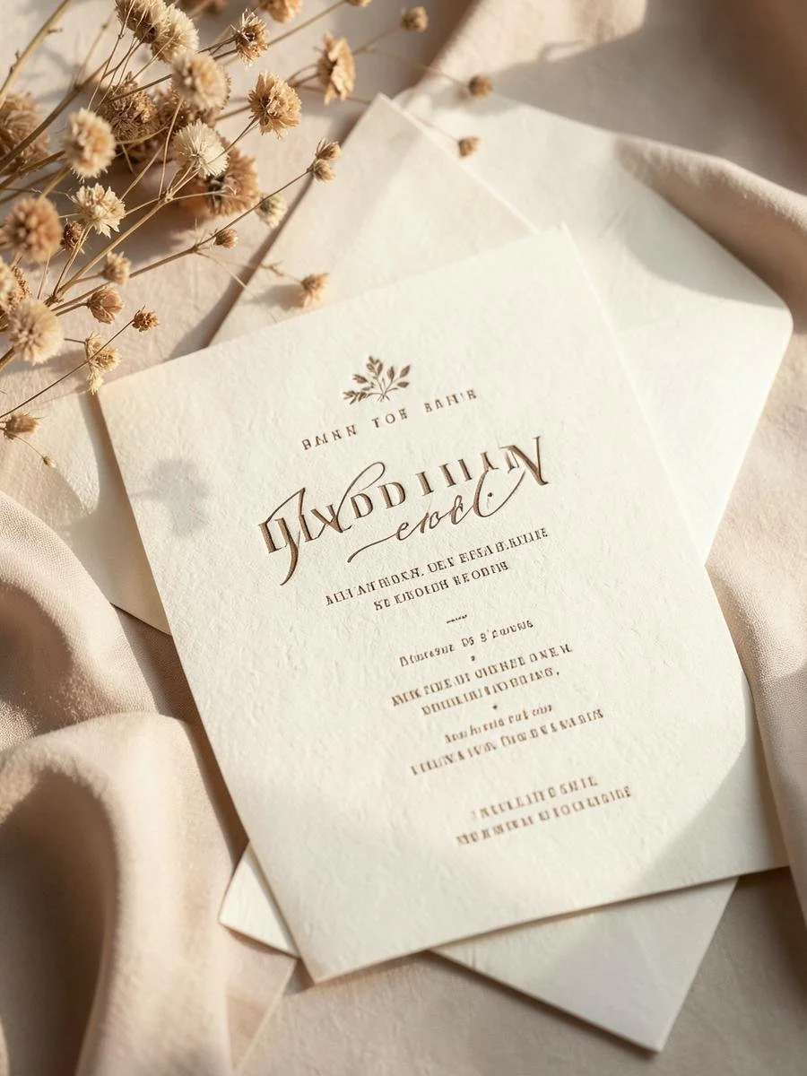 Wedding invitation card with dried flowers and beige fabric background.