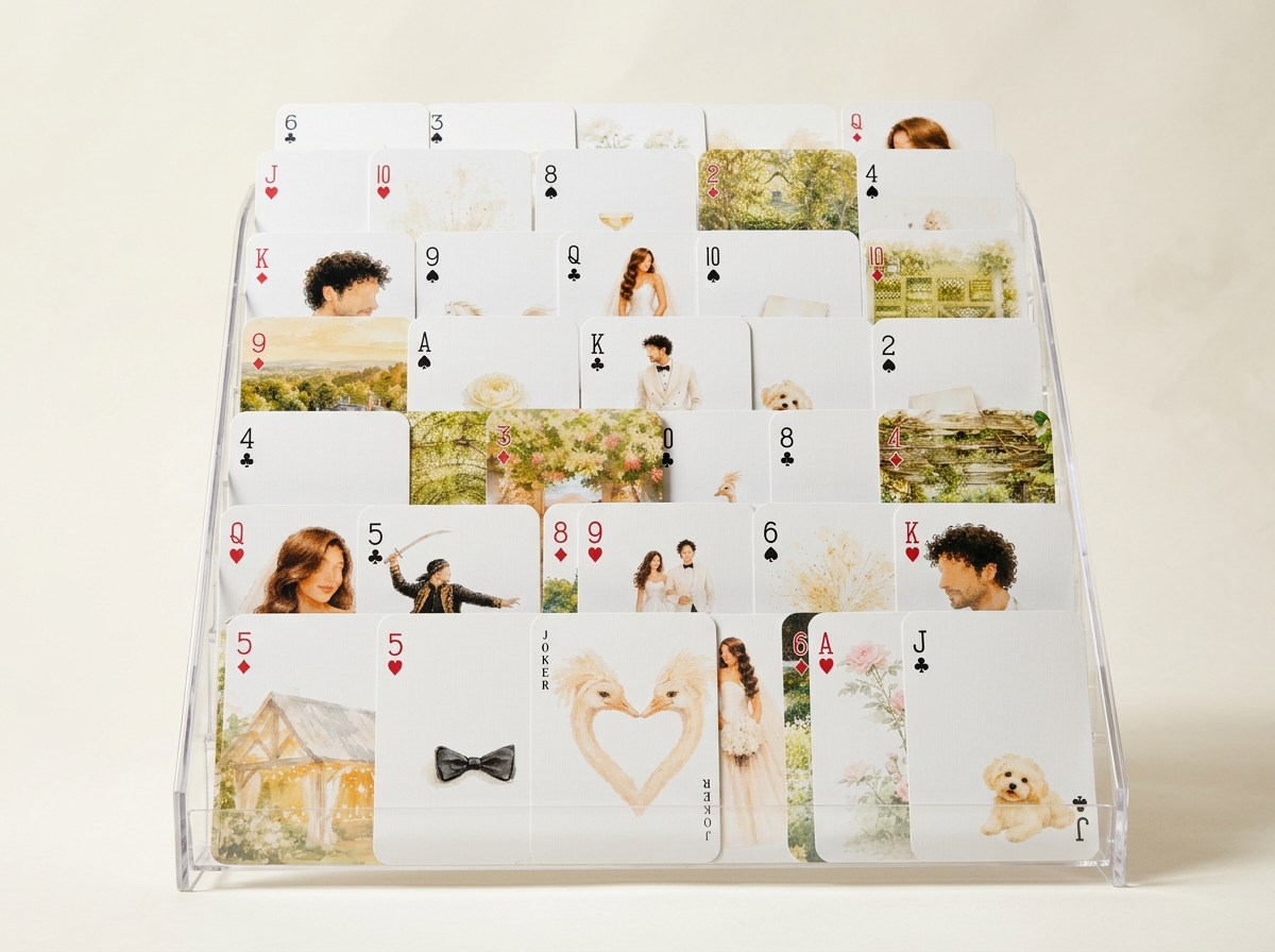 A display stand with a collection of decorative playing cards, featuring images of people, animals, and scenic backgrounds.