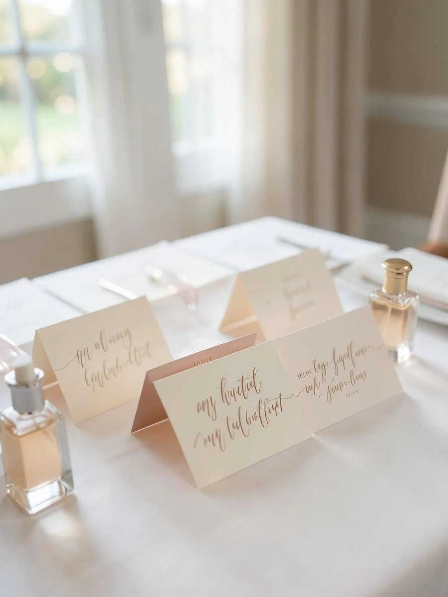 A wedding reception table with place cards, menus, and small bottles of perfume or lotion, set in a bright room with large windows and sheer curtains.
