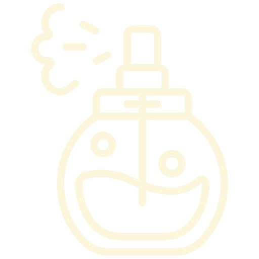 A cartoon-style illustration of a perfume bottle with a smiley face, emitting a small puff of fragrance or vapor.