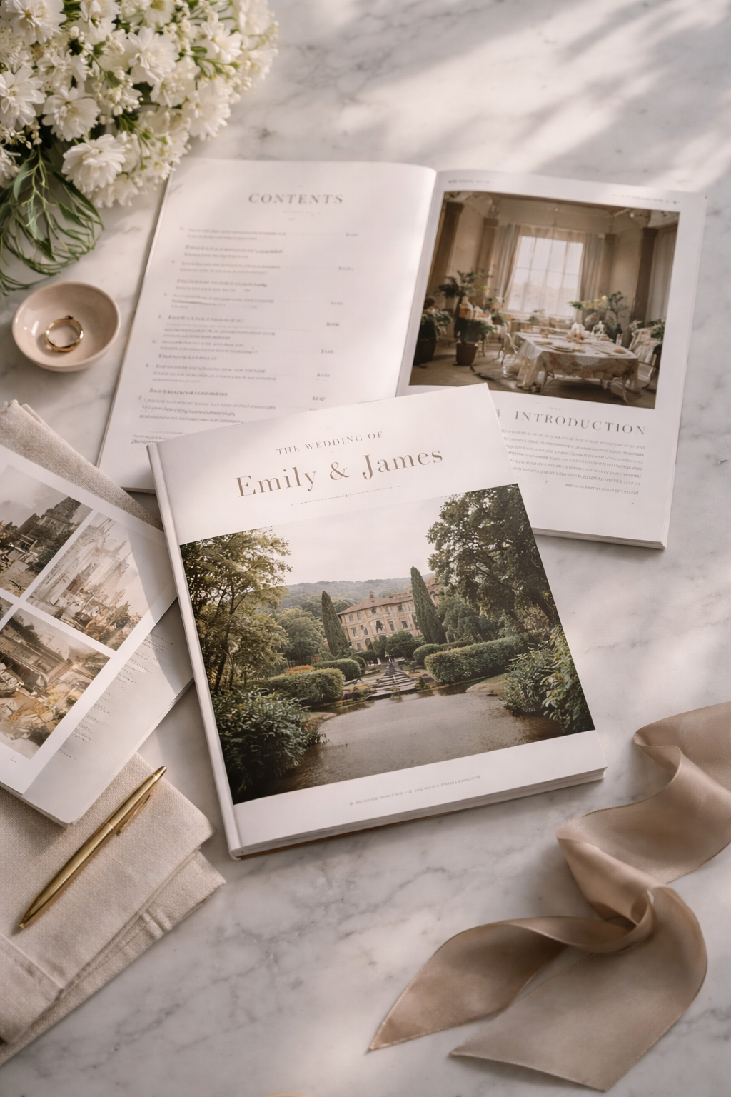 Wedding planning materials laid out on a marble table, including a book titled "The Wedding of Emily & James," open wedding magazines, a bowl with gold wedding bands, a gold pen, beige fabric and a floral arrangement.