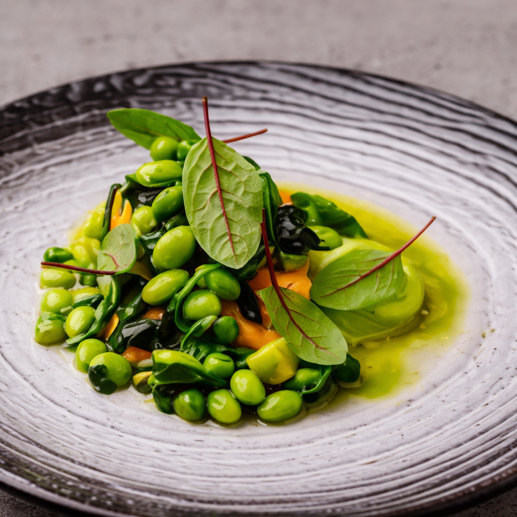 A plated dish with mixed greens, green peas, black olives, and a yellow dressing on a ceramic plate.