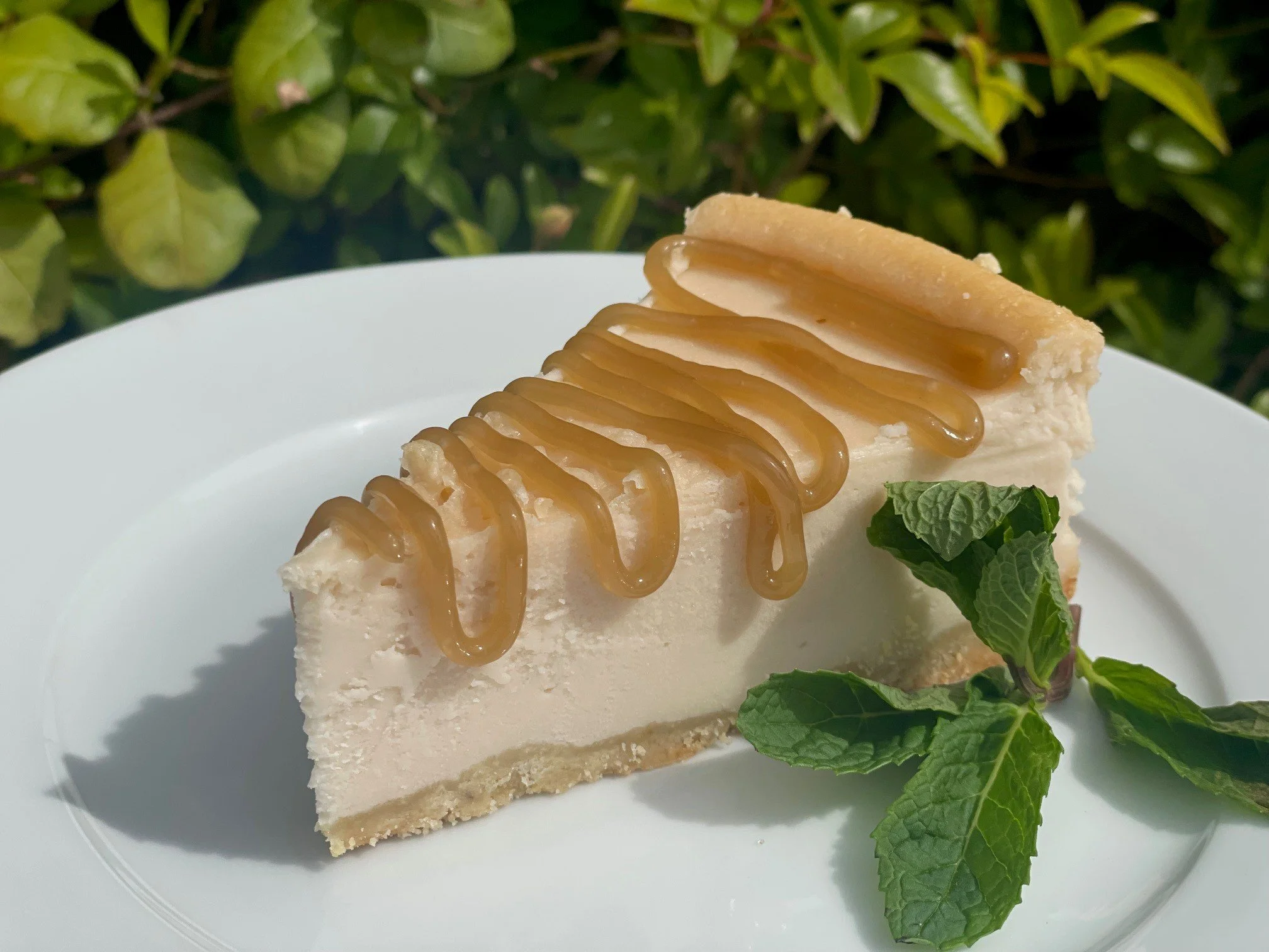 Slice of vegan cheesecake topped with caramel drizzle, garnished with mint leaves, on a white plate with a blurred green leafy background.