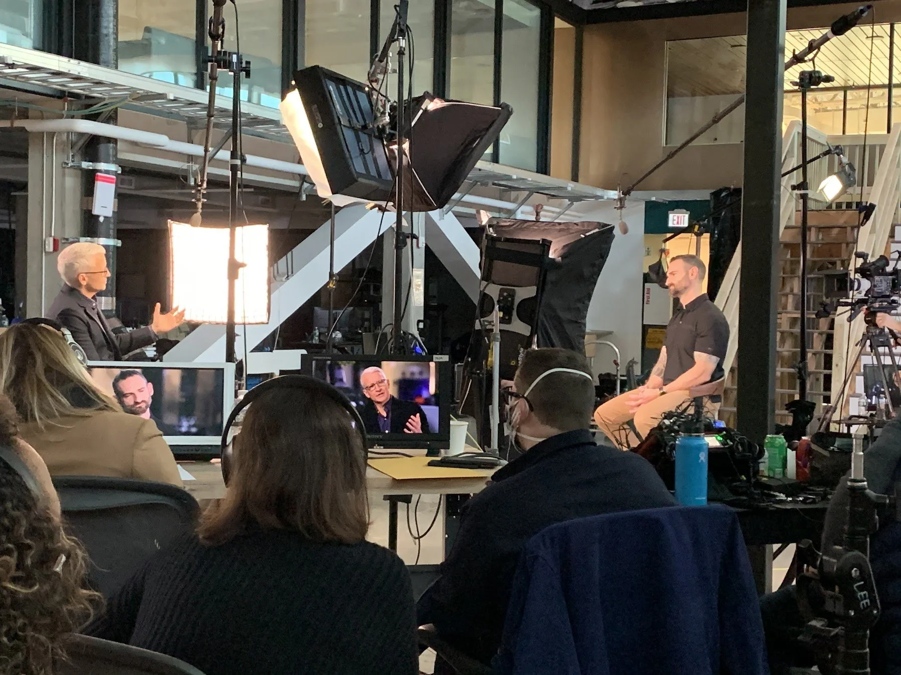 Kevin Blankespoor and Anderson Cooper during the filming of 60 Minutes episode on Boston Dynamics