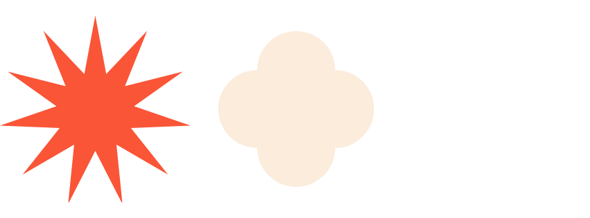 Three shapes: a red explosion star, a beige four-leaf clover, and a white circle.