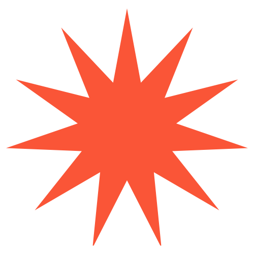 Red starburst shape with multiple pointed edges on a black background.
